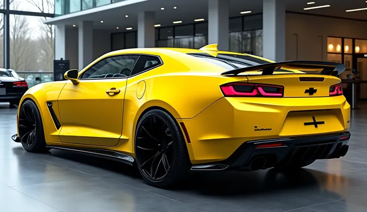 A futuristic 2026 Chevrolet Camaro insane yellow, captured from the back and side angles, displayed in a realistic dealership environment. The Chevrolet logo is clearly visible on the rear of the car. The side mirrors are matched to the exterior insane yel...