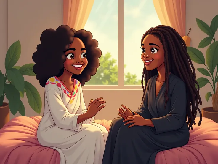 cartoon style of  one black adult woman in a room, bed side, with one smiling joyfully at the camera and the other talking with short dreadlocks, appearing relaxed. The room's interior shows a very beautiful room settings. The lighting is natural, with sun...