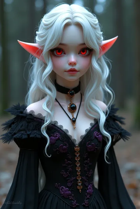 Young vampire,  slightly wavy white hair, black dress with purple details, Eyes red like a dragon,  cat pupil, short average height, Pointy ears,  copper necklace with black stone