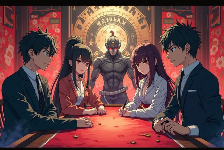 4 anime characters sitting around a table with weapons,  manga wallpaper 4k , anime wallpaper,  Live wallpaper 4k , an epic bad luck anime ,  sankakucomplex anime image ,  high quality and sharp anime , bishounen, hd anime wallpaper,  key image from the an...