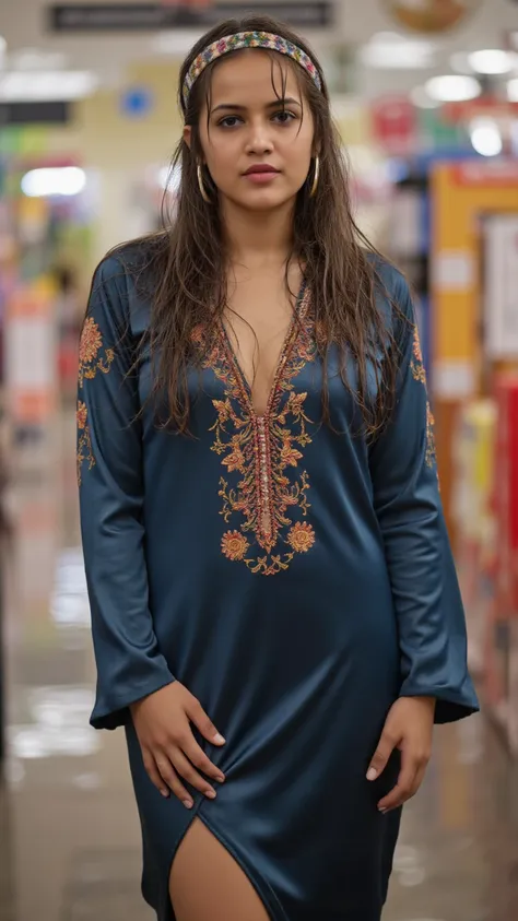 A shy indian teen in a grocery store drenched wet in rain, messy wet hair and sticky dress. her face sugest she is very young. Her attire looks wet, drenched in rain, causing her dress to stick to her skin tight.. ultra-high definition, realistic photograp...