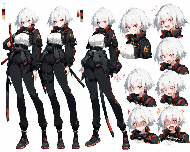 high quality, 8K Ultra HD,female, short white hair, cool red eyes, anime, female, medium sized breasts, thighs, slim figure, white shirt, short black techwear jacket with red on the inside, techwear outfit, tactical belt around waist, black pants, asymmetr...