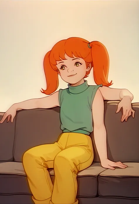 DaisyDarrett, orange hair, 1girl, sleeveless shirt, yellow pants, pigtails, twintails, turtleneck, sitting on sofa, light smile, 