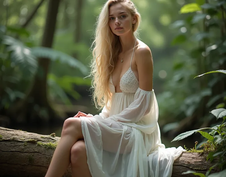 photo of young woman sitting on a log in a white top, beautiful blonde girl, blonde goddess, beautiful model girl, a gorgeous blonde, beautiful blonde woman, beautiful girl model, beautiful female model, very pretty model, gorgeous young model, sexy girl, ...