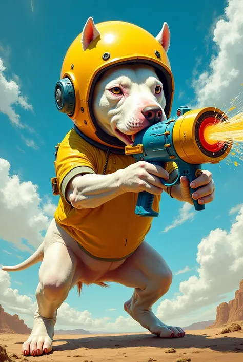 Image of a bull terrier dog wearing a yellow helmet with a washing machine gun shooting out water blue white and yellow background 