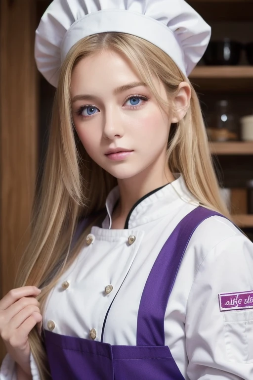  high definition, Masterpiece,  blondes, Alone,  One Girl ,  cute,   detailed eyes ,  long hair,  purple eyes, Chef Outfit,  white jacket, White Bread