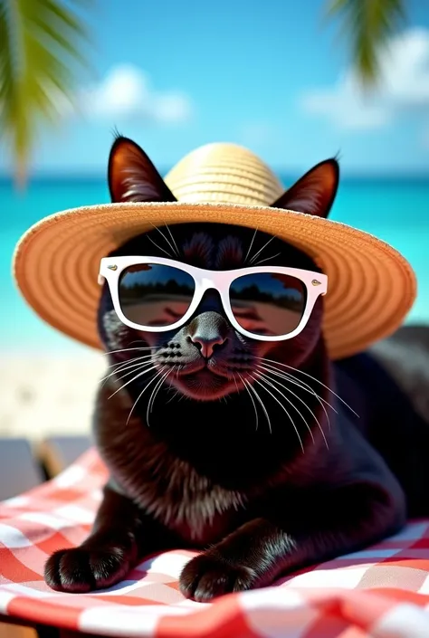 sexy black cat with straw hat and white sunglasses, lying on a towel on a palm beach, beach bag, fashion newspaper