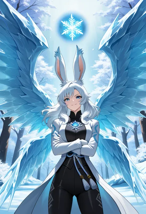 1 Viera girl,Alone,blue eyes,pure glacial pupil,chest,OLDER , with my arms crossed,  smirking ,  Dynamic Poses for Play, arms,arms formation from behind, taiko haori,Frozen Cherry Blossoms ,multiple arms,ice theme, Freezing Cold Weather ,  Arctic Likes ,(f...