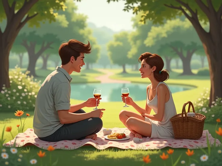 two friends having picnic in a park one male one female 