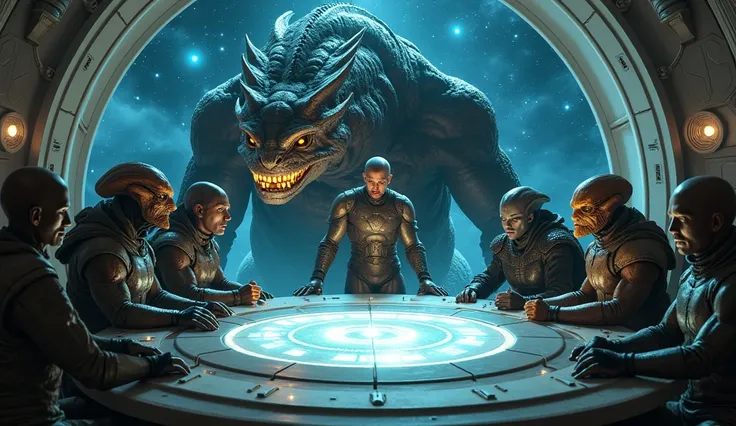 Depict a futuristic, high-tech council room in space with a group of alien beings (diverse in appearance, including humanoid, insectoid, and reptilian species) sitting around a glowing holographic table. In the center, a human character (male or female, dr...