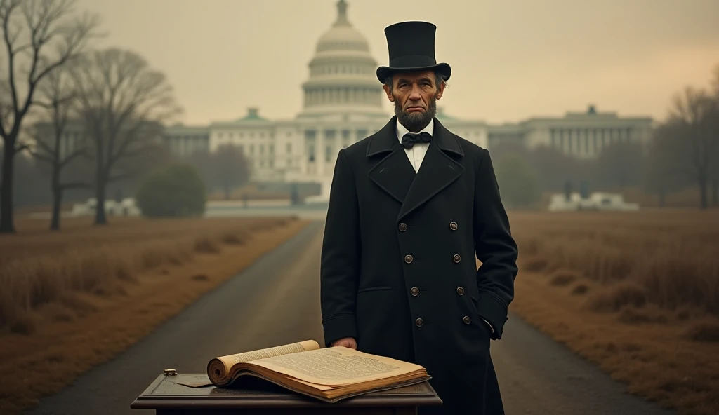 "Create a powerful and historically grounded image of Abraham Lincoln standing at a symbolic crossroads, representing the fate of the United States during the Civil War. He is depicted in his iconic black coat and stovepipe hat, his face solemn and contemp...