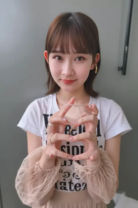  top quality、（ beautiful）、Super delicate eyes、 brown eyes、22-year-old female、、smile、 looking at the camerawith capital letters on the t-shirt 、  semi-short hair、 gals、lace mini dress, makes a heart shape with both hands