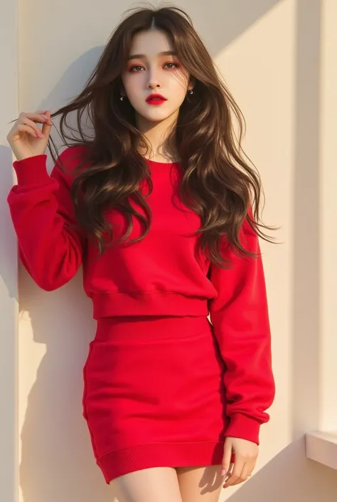 In a bright and minimalist setting, a stylish young woman is captured standing against a smooth, light-colored wall that softly reflects the soft lighting. She is dressed in a vibrant red knitted sweater dress that hugs her figure delicately, accentuating ...