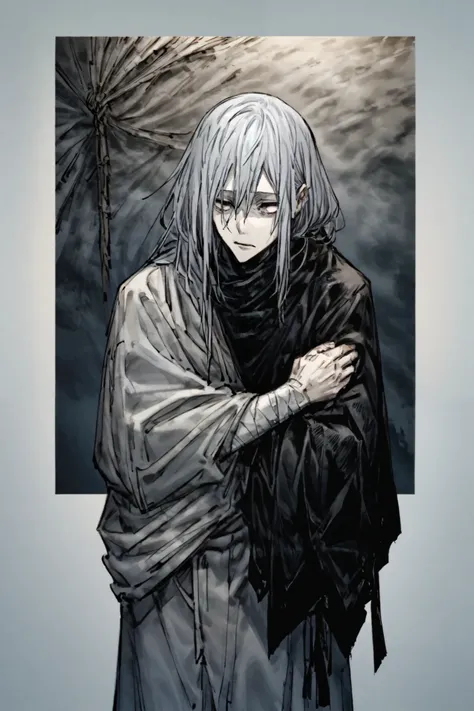 Design:

 long gray hair,  messy as if it were in the wind .

empty eyes, of a pale blue without life .

 Dark and worn clothes , with bandages on their hands to hide their deadly touch.

 neutral expression ,  almost as if it were not really there .