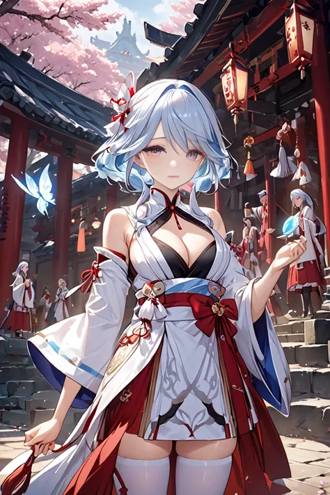 Light blue hair、 has a fantastic and sensual vibe 、 a beautiful and bewitching shrine maiden 。 she holds coins and paper fans in her hands 、 with her long, wobbly hair flowing down her shoulders 、 cleavage。The red hakama is short 、 with her thighs slightly...