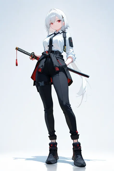 high quality, 8K Ultra HD,female, short white hair, cool red eyes, anime, female, medium sized breasts, thighs, slim figure, white shirt, black tie, short black techwear jacket with red on the inside, techwear outfit, black pants, asymmetrical straps, stra...