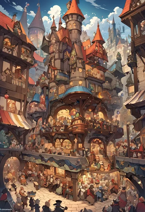 "Murder Castle"a painting of a house with a lot of people inside of it, wimmelbild, a bustling magical town, insanly detailed, inspired by Hendrick Avercamp, illustrative art, peasant wedding at midnight, inspired by Pieter Bruegel, intricate fantasy, insp...