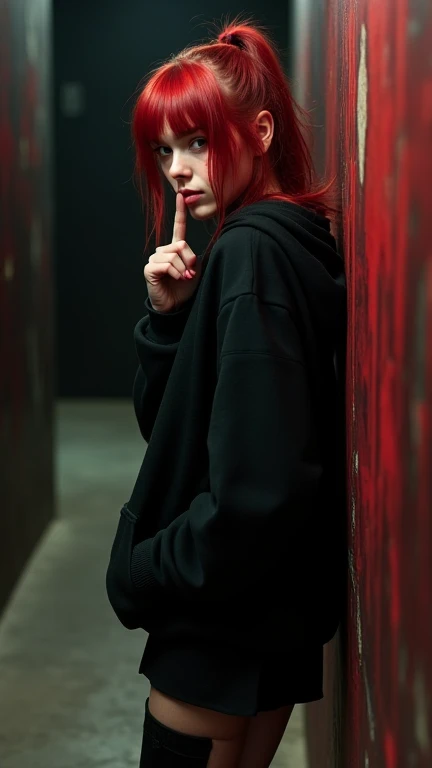 20 year old girl with dark long red hair hair, a ponytail, a black hoodie, black short skirt, black boots, slightly sharp lines on her face, Full body portrait Finger to her lips in a shushing motion, dark hallway, Black walls dripping red paint, distance ...