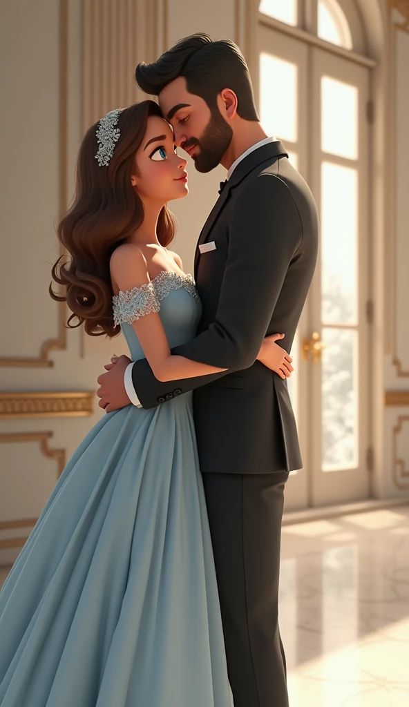 A very clear ultra hd animated image of " the girl leaning in and whispering softly into Ryan’s ear. His expression changes from confusion to realization, his eyes softening." The dramatic wedding scene in the brand beautifully decorated elegant white hall...