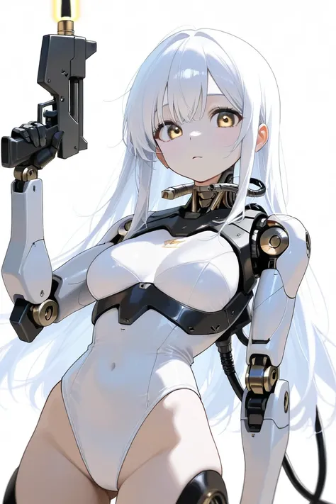 (highest quality, background detailed), highest quality, original detailed video, (golden eyes), image from waist up, inorganic facial expression, inorganic gaze, detailed mechanical joints, reinforced exoskeleton, white leotard, white skin, white hair, lo...