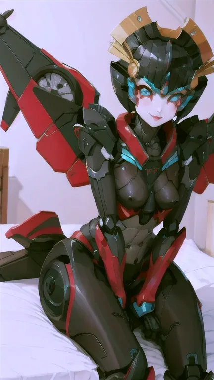 robot, mecha, autobot, sexy pose, ((wings)), smiling, cute pose, sitting on a bed, bedroom, windblade, Robot-Girl, nude, veniny penis