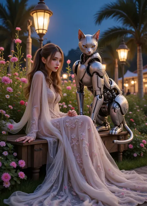 Night Resort 、Beautiful woman sitting on bench with anthropomorphic robot cat、flower bed、Street lamp、 fairy tale