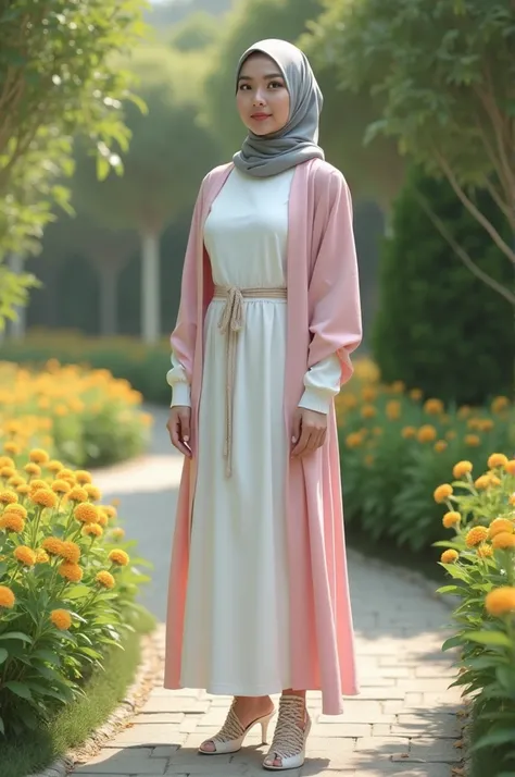 A woman in a hijab wears modest fashion. She wears a long white dress combined with a long soft pink outer, tied with a rope at the waist. A simple gray hijab covers her hair, and she wears white high heels with rope details that wrap around her ankles. Th...