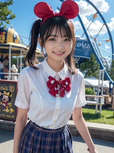 (((身長が低い小柄でかわいい 1 woman)))、 1 woman。 Composition Above Knee 。 cute face。(( best smile))。 Open Your Mouth and Laugh  。( small bust)。  A Cup Breasts。(((Mickey Mouse Headband)))。((Pigtails hairstyle))。(( hair swaying in the wind ))。((( red bow tie)))。(((Cute ...