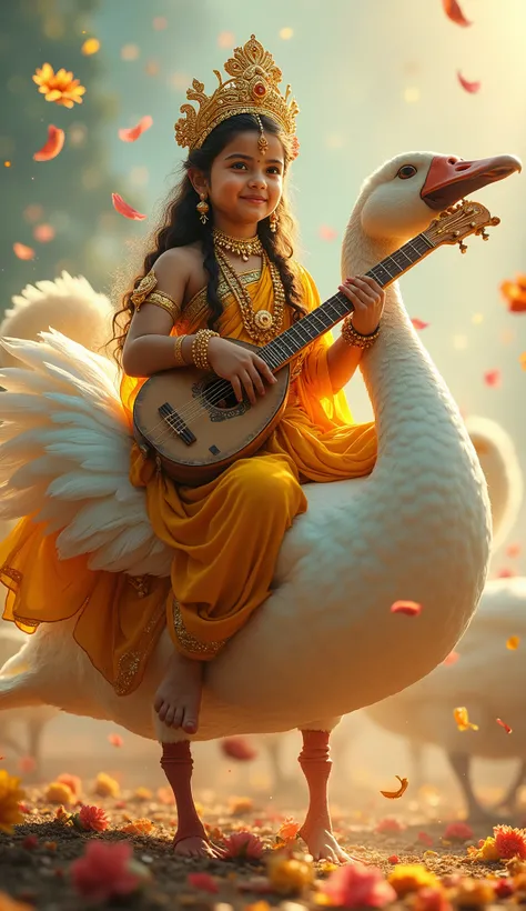 

A stunning low angle wide shot 8K hyper-realistic high quality lifelike cinematic scene of a cute, little, divine embodying girl as Goddess Saraswati, gracefully descending from the sky sitting on a majestic, radiant white swan holding a veena a book and...