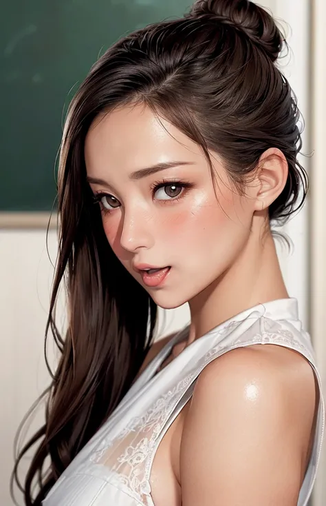 女性 teacher  , beige sleeveless、((topknot))、 black underwear、((( beautiful skin)))、pale skin,fair skin,finely detailed skin, lustrous skin, high quality skin, beautiful skin,
((( Masterpiece))), ((  top quality)), (( 複雑な Details)), ((  super realistic reali...