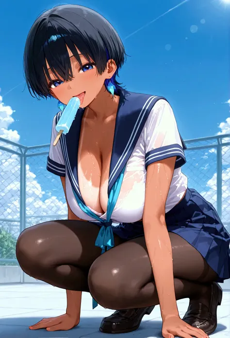 Outdoors、 school rooftop during lunch break、 pose 、Lick popsicles、 girl{ black hair、Long furrows 、 long neckline、jellyfish cut 、 short hair、 blue inner color、 big breasts、Sunburn、Dark Skin、A smile that is planning something、 sailor suit、Summer clothes、 tha...