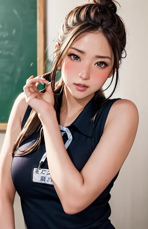 女性 teacher  , Navy sleeveless 、((topknot))、
((( Masterpiece))), ((  top quality)), (( 複雑な Details)), ((  super realistic realism )), ,  mature woman,   mature woman,   see through,    high definition  , illustration, 1人の mature woman,    perfect hand,   De...