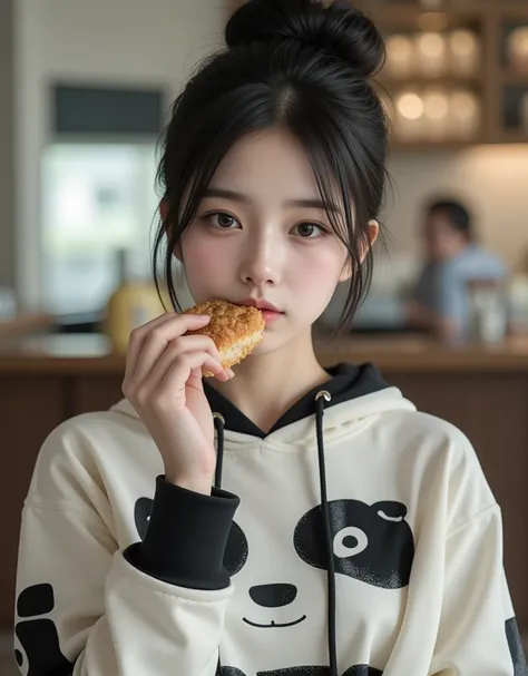 (Profile of a super cute Korean female college student eating delicious bread:1.2)(Crying:1.2)(16k,  RAW photos ,  top quality,  Masterpiece: 1.2),( cute bun hair with glossy black hair )  Super Detail,  Super Resolution, (Genuine, Genuine photos: 1.37),  ...