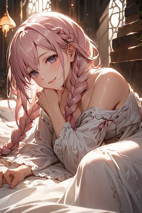 Braids on long light pink hair、Lie on your back on a fluffy bed、 A beautiful woman holding out her hands 。The expression is gentle、With a smile、 her eyes shine brightly and attractively 。Long hair flowing down her shoulders 、 her slightly disheveled appear...