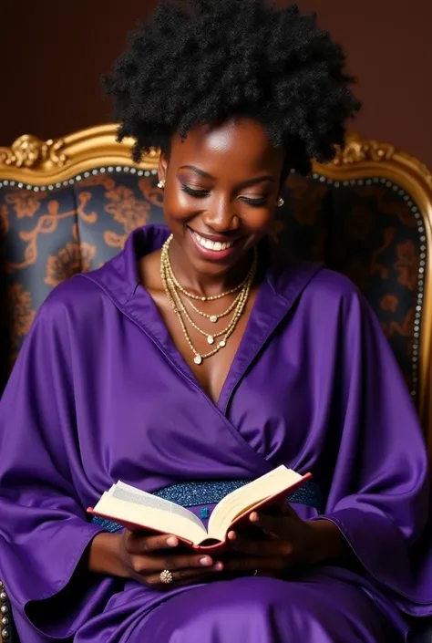 Femme noire africaine de peau claire belle grosse robe violet avec le cou broder en or .en bas de sa robe une franges en or avec bande bleu. Elle lis la bible assise sur un fauteuil majestueux. Elle a un beau sourire et est tres belle sur sa tête un large ...