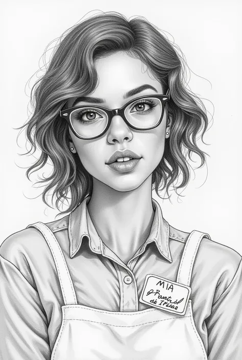 Jolie serveuse latine avec des lunettes fines et transparentes, nametag MIA, crayon dessin au trait gros plan