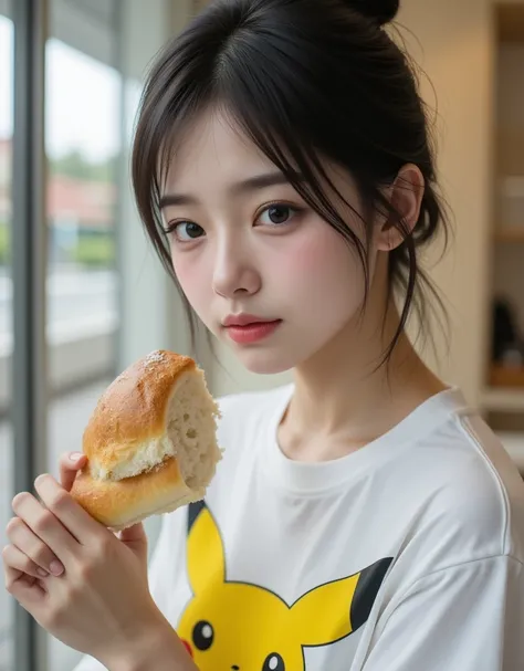 (Profile of a super cute Korean female college student eating delicious bread:1.2)(Crying:1.2)(16k,  RAW photos ,  top quality,  Masterpiece: 1.2),( cute bun hair with glossy black hair )  Super Detail,  Super Resolution, (Genuine, Genuine photos: 1.37),  ...