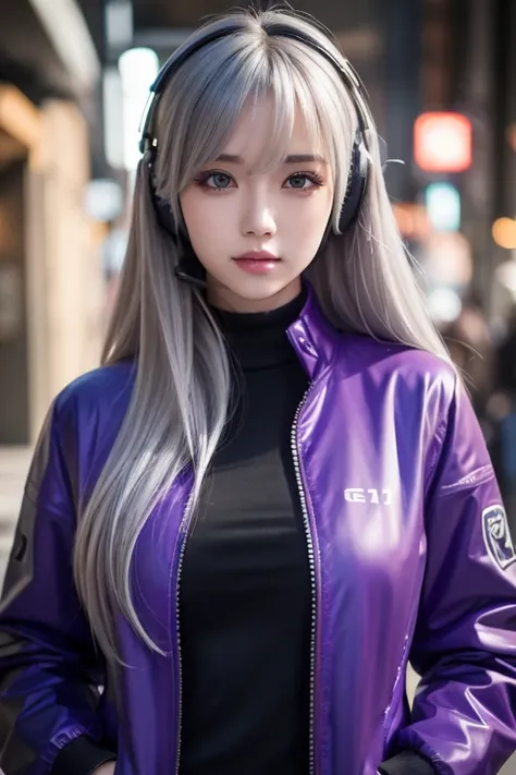  One Girl , Gray Hair,  long hair,  Tech Wear Masterpiece,  best quality,  realistic,  realism, dark purple jacket,  Portrait,   detailed eyes ,  wearing a headset , Platinum Hair,  21 year old girl ,  fashion pose, half body,  Wide Shot,  from ,  cyberpun...