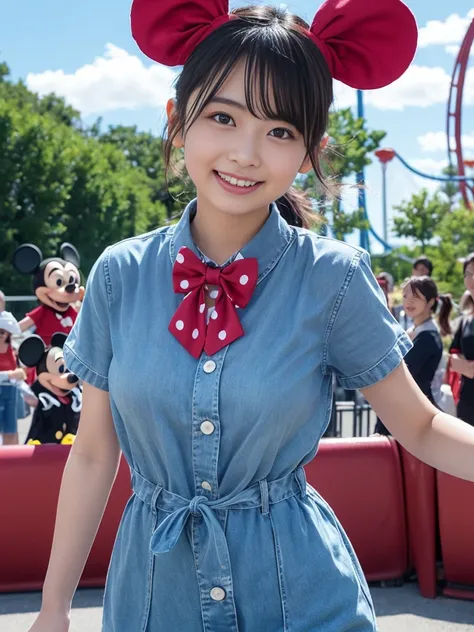 (((身長が低い小柄でかわいい 1 woman)))、 1 woman。 Composition Above Knee 。 cute face。(( best smile))。 Open Your Mouth and Laugh  。( small bust)。  A Cup Breasts。(((Mickey Mouse Headband)))。(( ponytail hairstyle))。(( hair swaying in the wind ))。((( red bow tie)))。(((Cute...