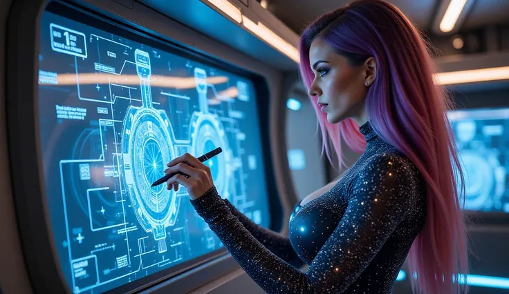 A stunning futuristic space engineer working on a high-tech control panel inside a spaceship. She has long, flowing hair with a gradient blend of deep violet and magenta, illuminated by the neon glow of the surrounding interfaces. She wears a shimmering, f...