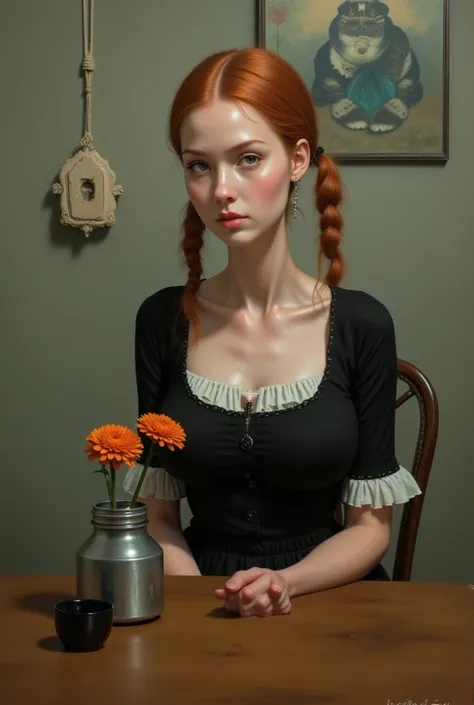 Prompt: Oil painting is a pictorial portrait in a style reminiscent of magical realism. In the center of the painting is a beautiful big breast young woman with red hair gathered in two pigtails. She is dressed in a black dress with a white collar and cuff...