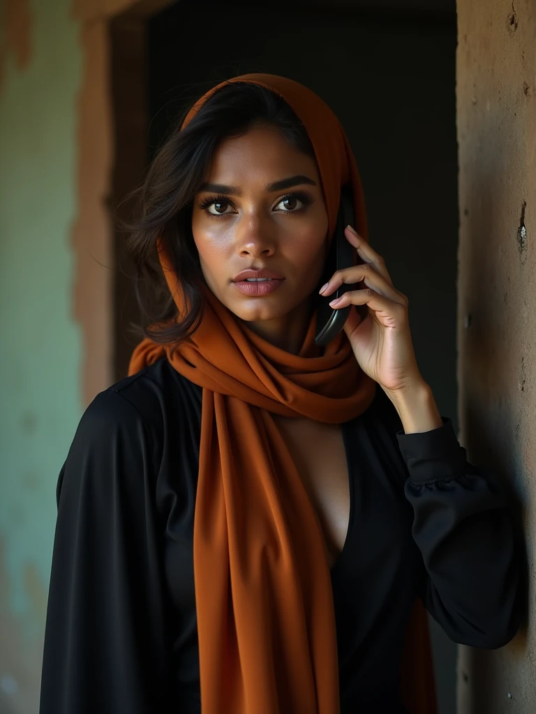 Talking in a phone in a despair as if she wants to tell about something quickly,A realistic image of a 25yr old pale skin indian woman is sweating on her face and hands in a poor slum room, She is dressed in a long tight black lycra burqa and a liquid text...