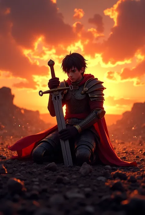 A fallen anime warrior, kneeling on the ground, gripping their sword tightly as dawn breaks behind them