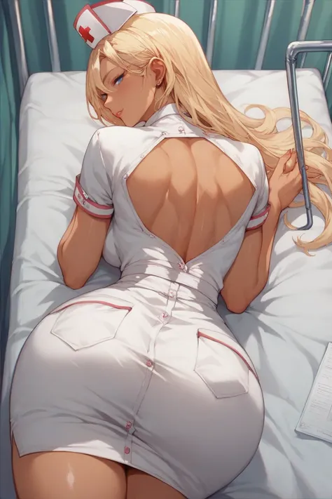 blonde, beautiful,  nurse, sexy,  tanned skin, hospital bed, working in a hospital,  anime style,  good quality ,  Long hair,  big butt, senos medianos,  curves