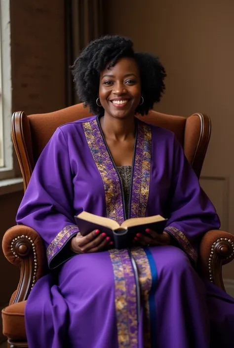 Femme africaine avec des grosses fesses une longue robe violet broder or au cou au bord des manches.  En bas de la robe des flanche or avec bande bleu. Femme de 40 ans souriante avec teint plus clair. Assise sur un fauteuil majestueux avec la bible en main...