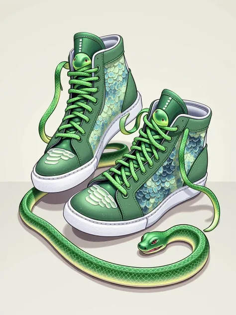 Illustrate a pair of high-top sneakers inspired by the characteristics of a snake. Imagine them to be made of high-quality, faux-snake skin material in varying shades of green, having certain unique features like scale patterns across the outer layer, snak...