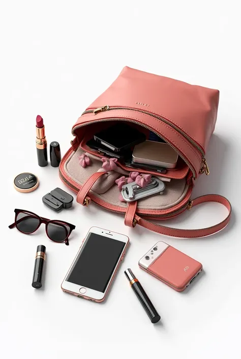  Picture of women's bag,  with everything out
Fenty lipstick, sunglasses, Vape, telephone and white background 
