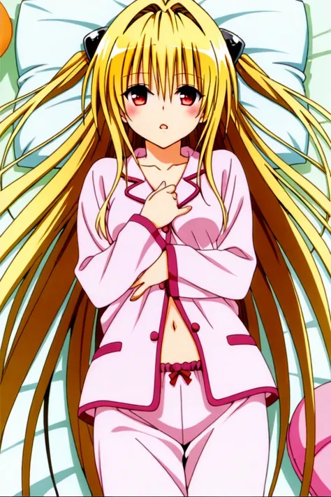 love-ru , konjiki na yami,  1girl, In pajamas,  Blonde hair,  blush a lot ,  breast, In pajamas,   with an expressionless face ,  doesn't have a very open mouth, eyebrows are hidden by hair,  floating hair ,  hair between eyes,  hair consumes ,  Long hair,...