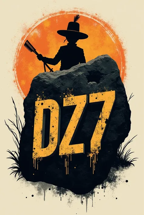 

" Create a logo for a punk band called DZ7 .  The logo must be simple and objective ,  incorporating elements that represent the state of Roraima.  The silhouette of the painted stone must form the letter 'D' ,  and behind it there must be an image of th...