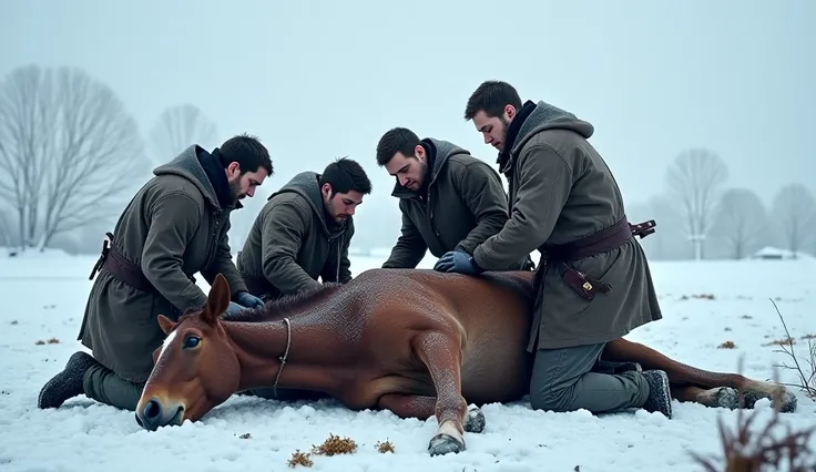 Three or four people are sitting in a snowy area pulling an arrow out of the body of a horse that is lying down